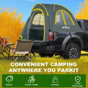 Waterproof 2-Person Pickup Truck Tent, 5.5-6.0ft, Double Layer PU2000mm, Portable Green & Gray Camping Tent with Rainfly
