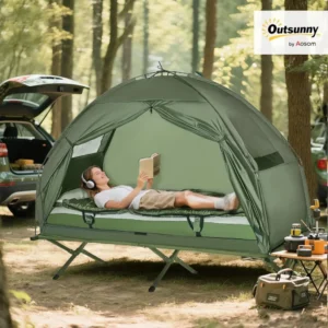 Camping Tent Cot, 6-in-1 Folding Tent Cot Combo with Mattress, Pillow, Sleeping Bag, Bed Cover, Roller Carrying Bag